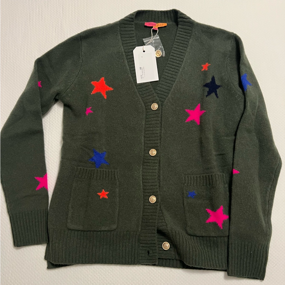 Vilagallo Green Cardigan with Pink and Orange Stars